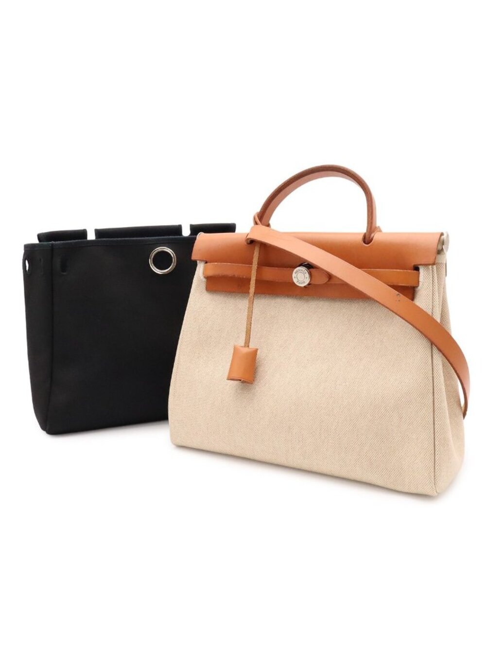 Hermes Herbag PM 2-Way Shoulder Bag Toile Officier GM Black Natural